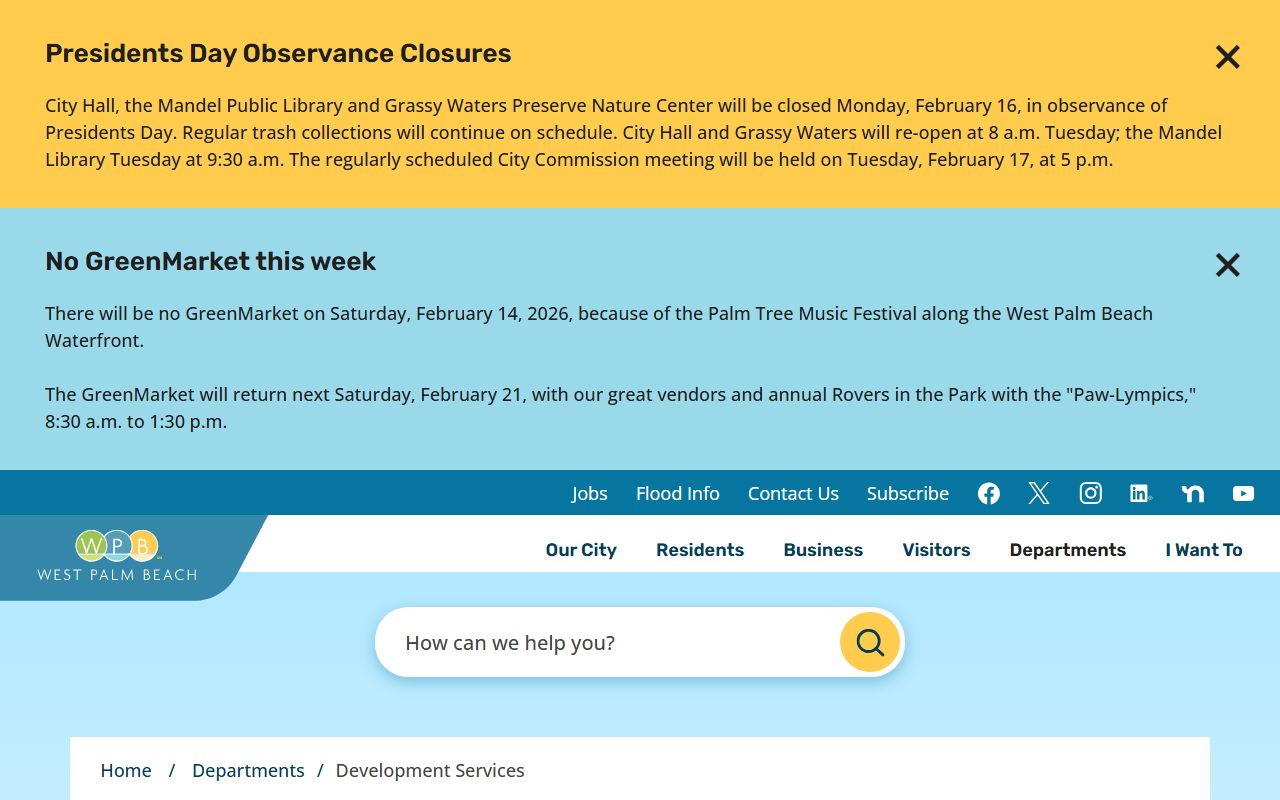 West Palm Beach Development Services department website for permits and zoning information