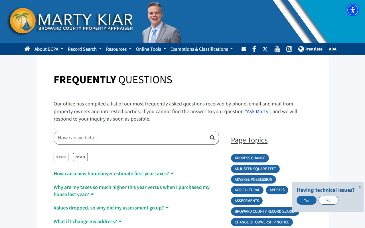 Broward County Property Appraiser FAQ and Ask Questions page for Broward County property records help