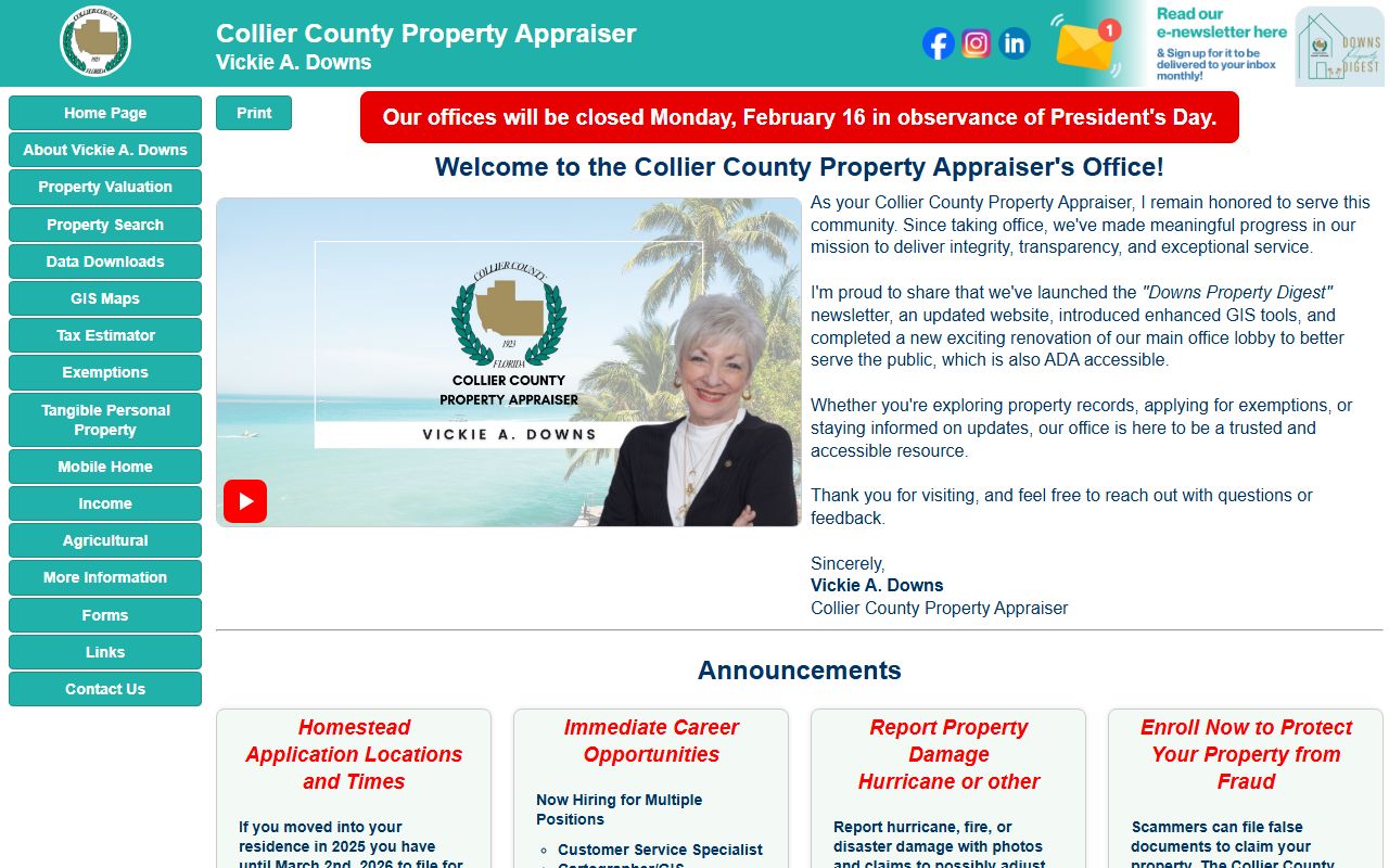 Collier County Property Appraiser homepage showing property records search tools