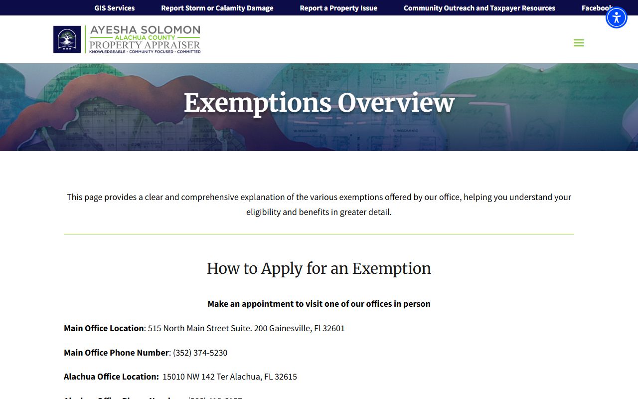Exemptions information page for Alachua County property records homestead applications