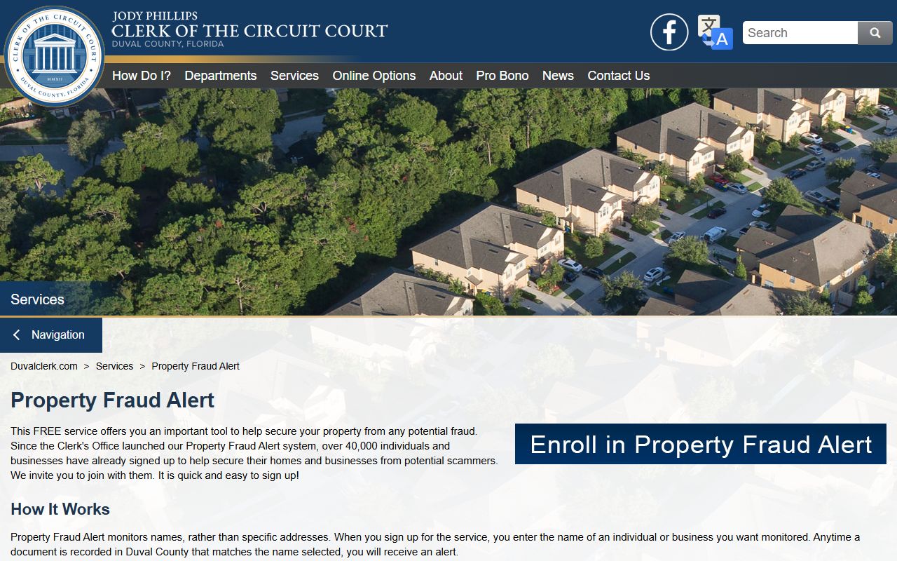 Duval County property fraud alert sign-up page showing how to protect property records in Jacksonville