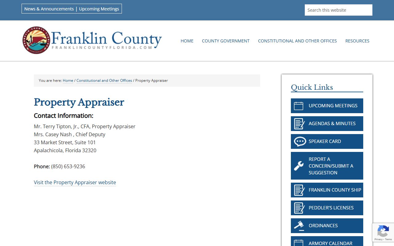 Franklin County Property Appraiser website showing parcel search and property records