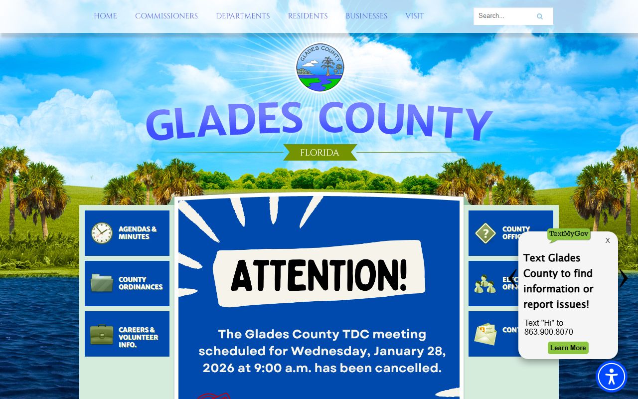 Glades County Property Appraiser website showing parcel search tools for property records