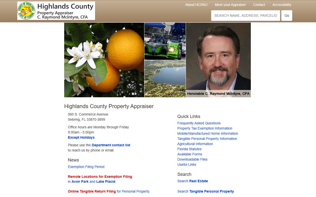 Highlands County Property Appraiser homepage for searching Highlands County property records