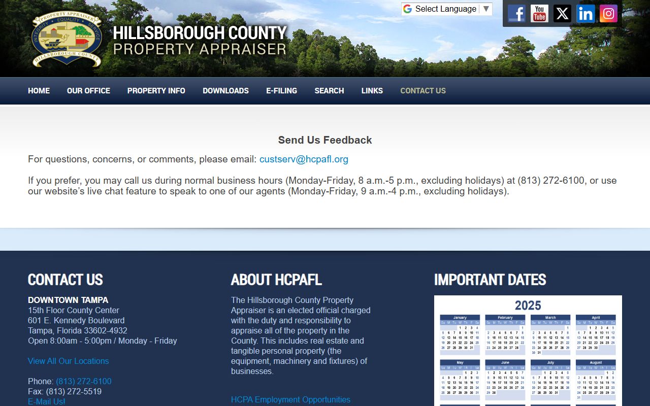 Hillsborough County Property Appraiser contact page for exemption questions and property record inquiries