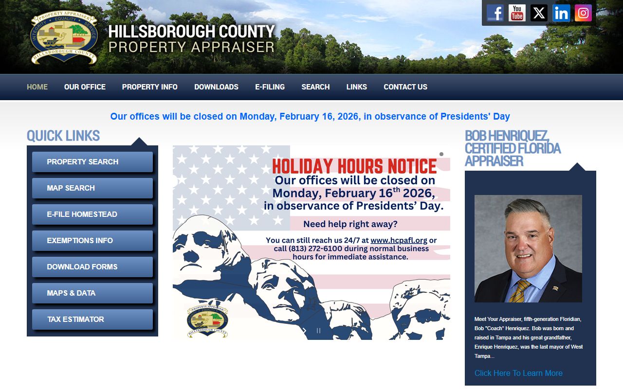 Hillsborough County Property Appraiser homepage for searching Hillsborough County property records