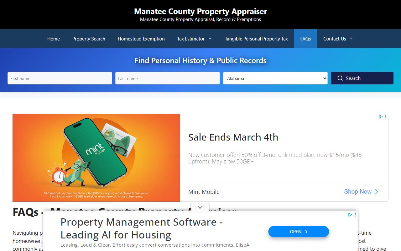 Manatee County property records - Property Appraiser FAQ page
