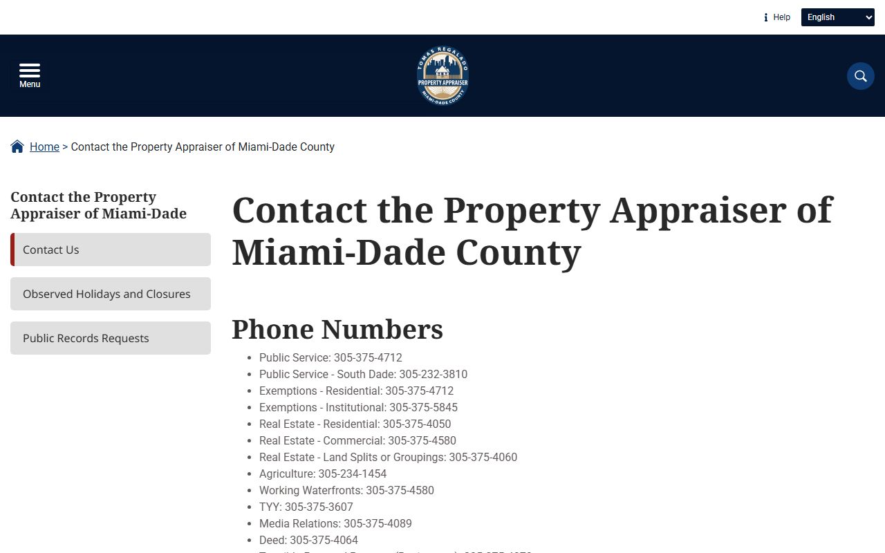 Miami-Dade County Property Appraiser contact page with phone numbers and office locations