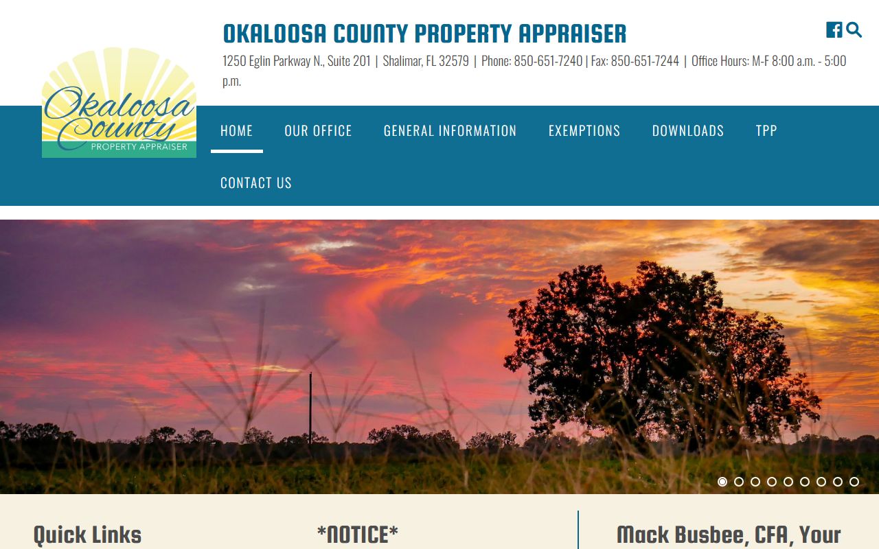 Okaloosa County Property Appraiser homepage showing Okaloosa County property records search tool