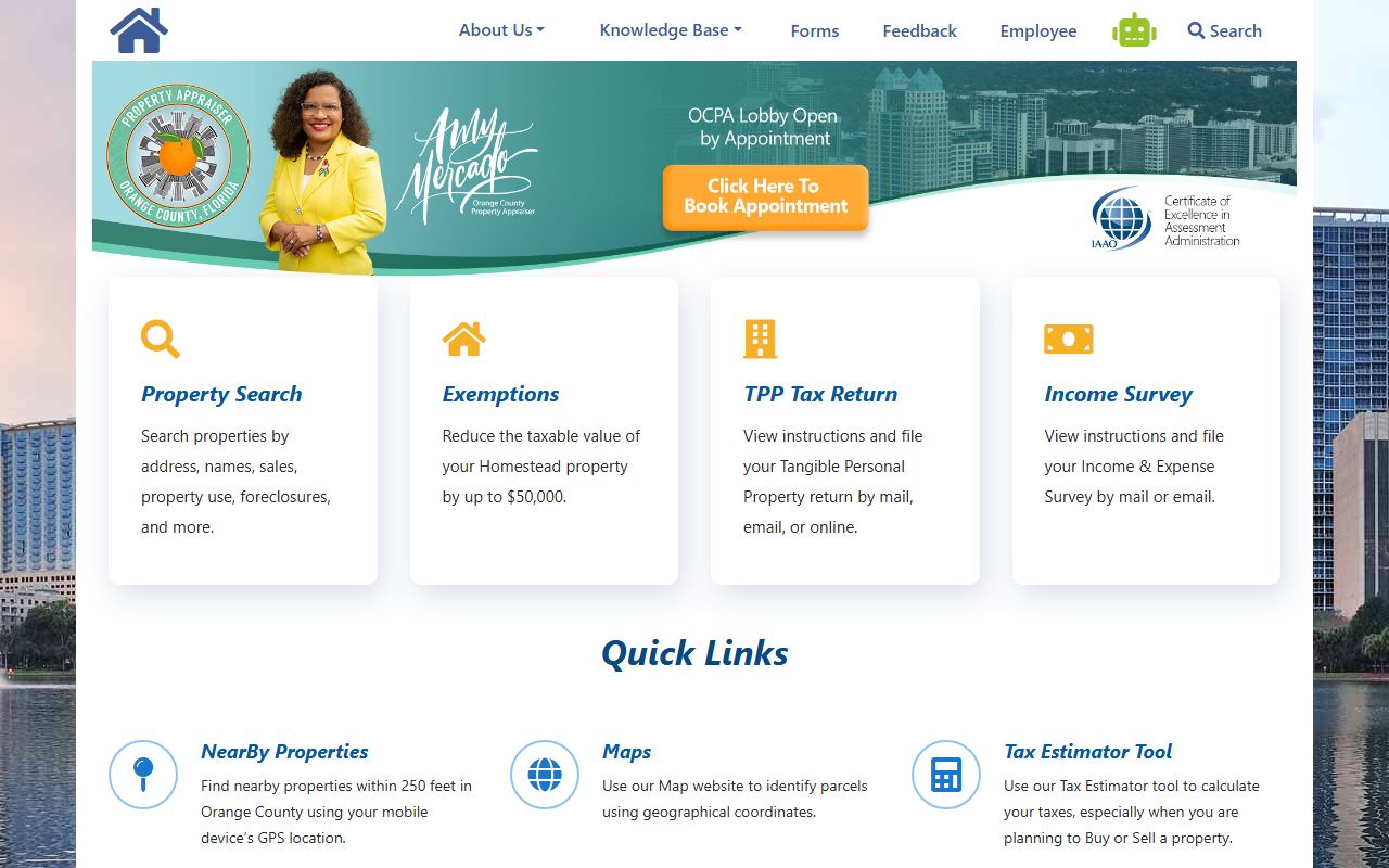 Orange County Property Appraiser website homepage with parcel search and exemption tools