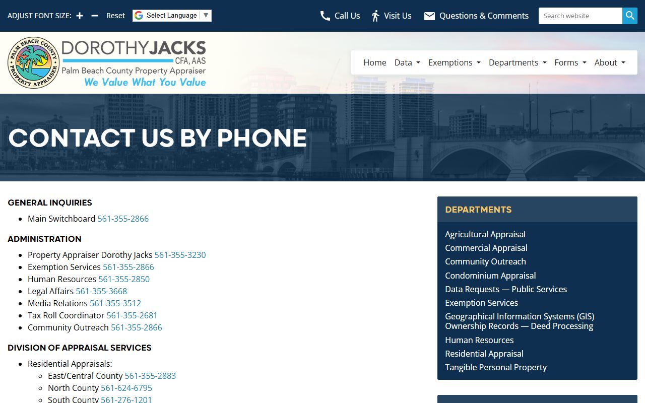 Palm Beach County Property Appraiser phone directory listing department contacts