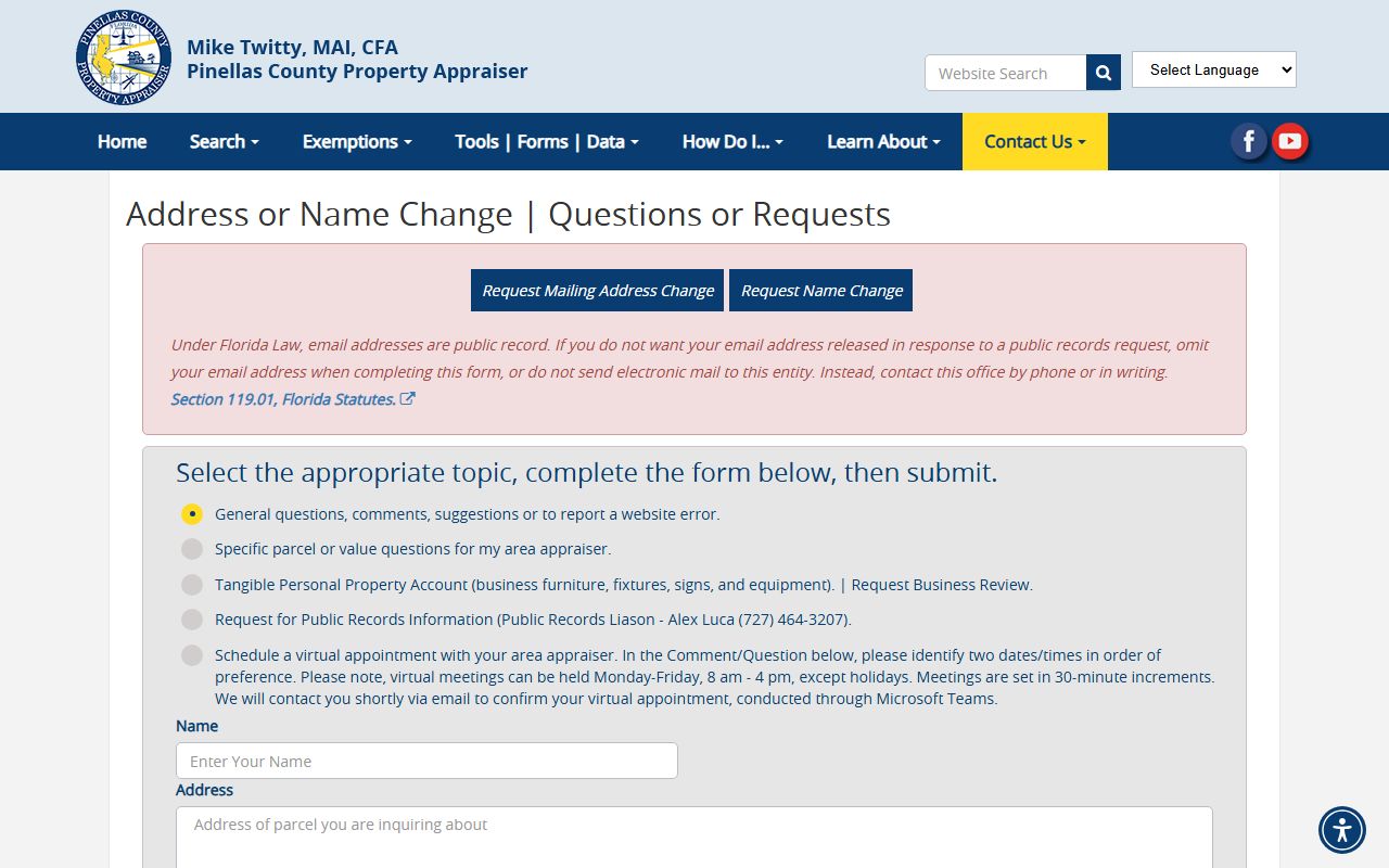 Pinellas County Property Appraiser contact page showing appointment options