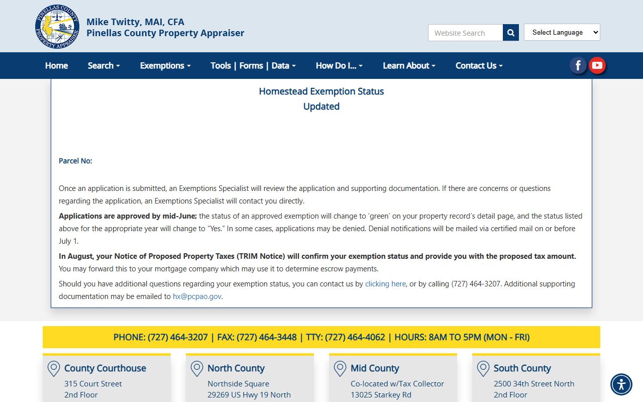 Pinellas County homestead exemption status lookup page at pcpao.gov