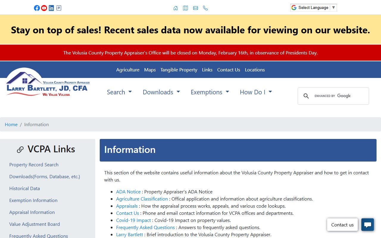 Volusia County Property Appraiser Information Page