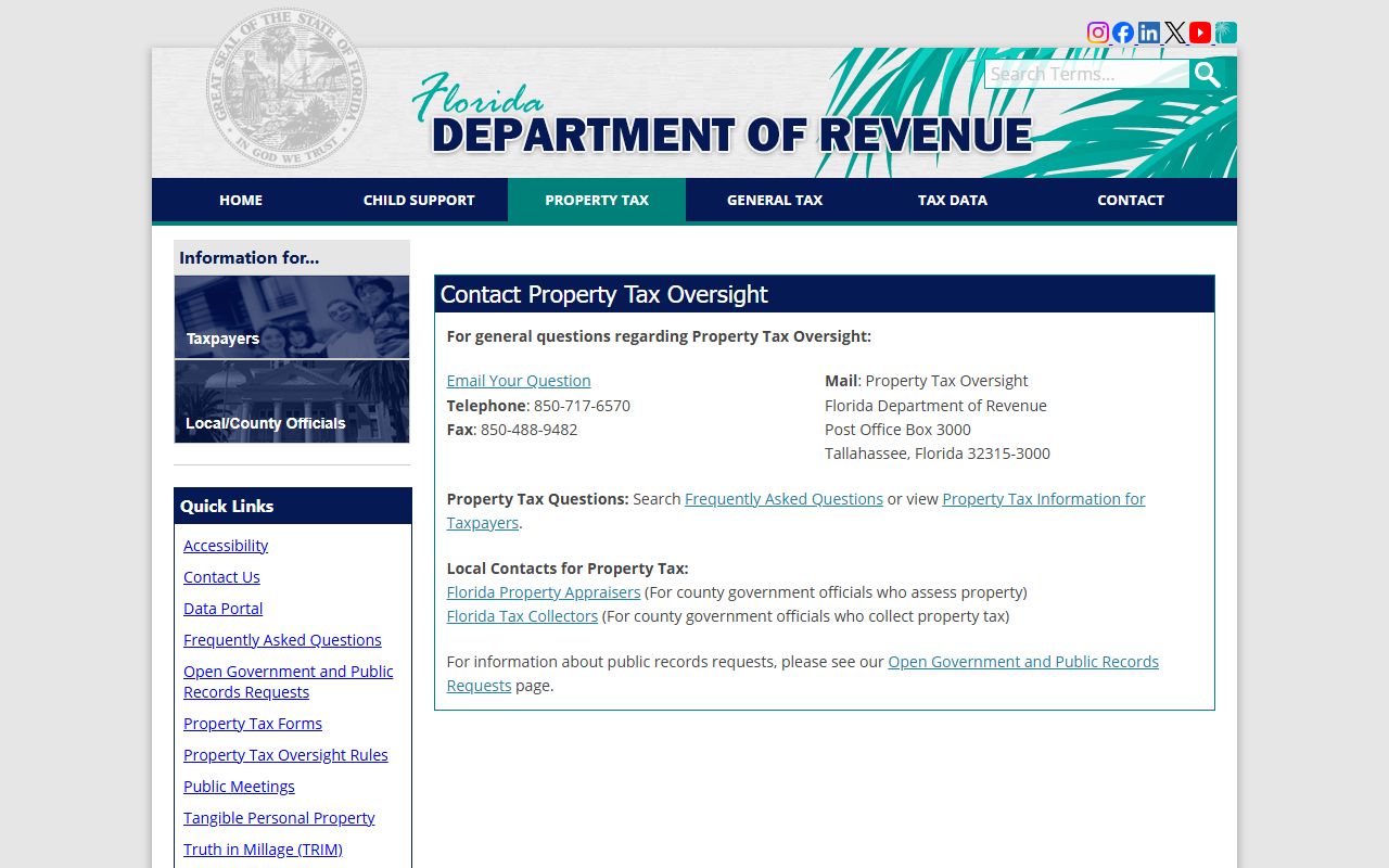 Florida Department of Revenue contact page for property tax oversight and questions