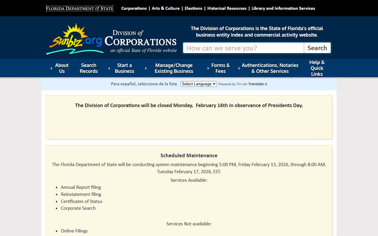 Florida Sunbiz corporations and business records database for property ownership research