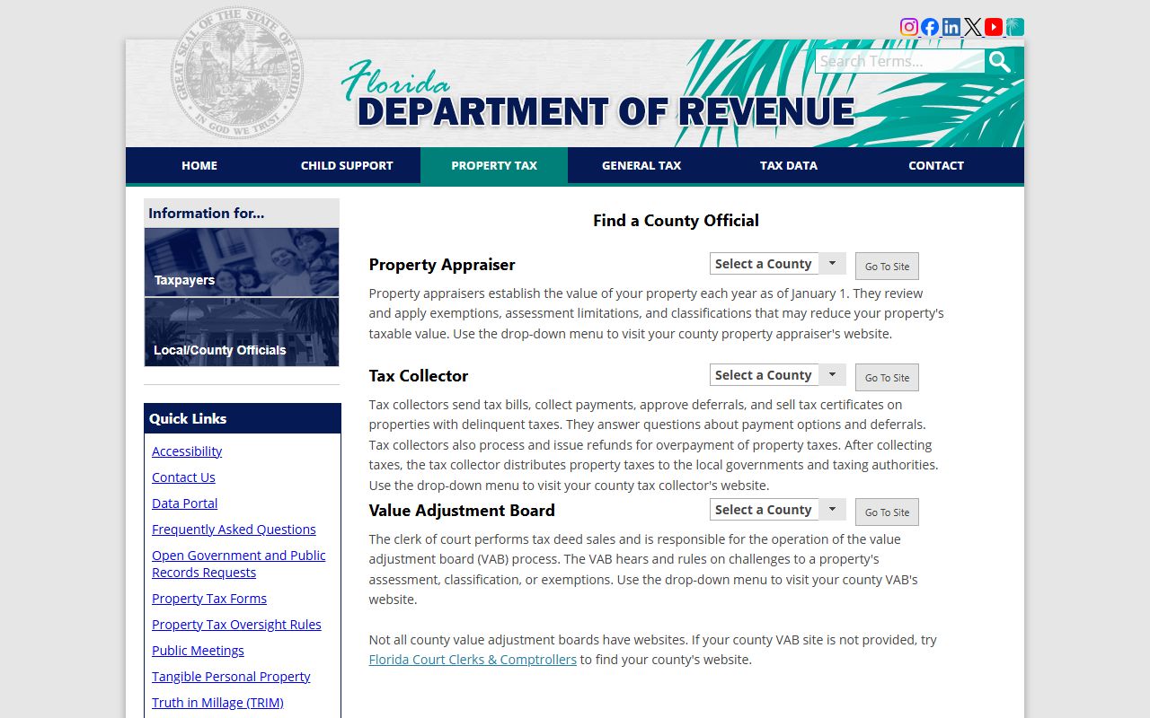 Florida Department of Revenue find county officials page for locating property appraisers