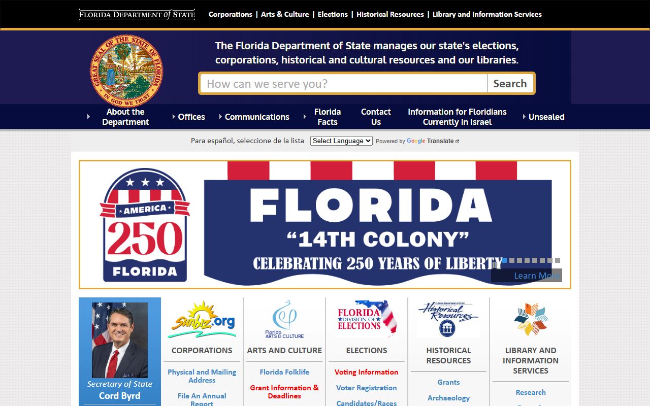 Florida Department of State website with records, corporations, and government services