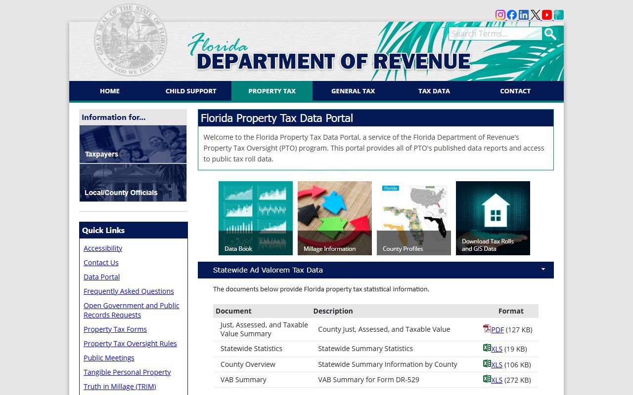 Florida Property Tax Data Portal showing statewide property records and tax roll data