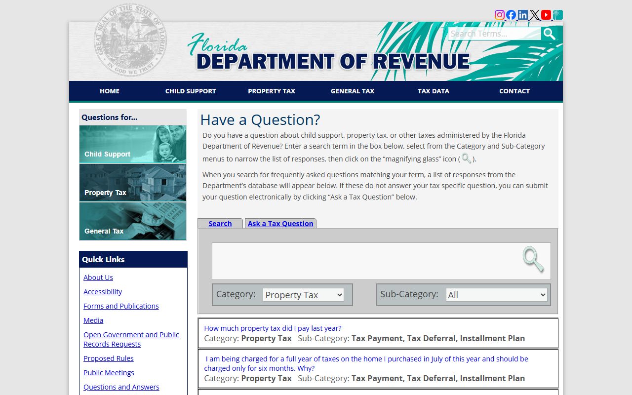 Florida Department of Revenue property tax FAQ page with homestead exemption information