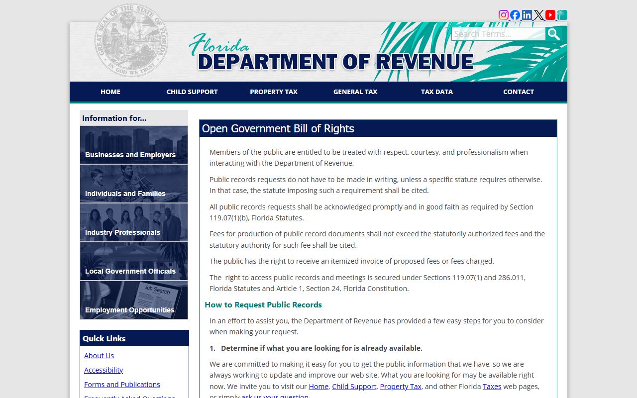 Florida Department of Revenue public records requests page and open government policy
