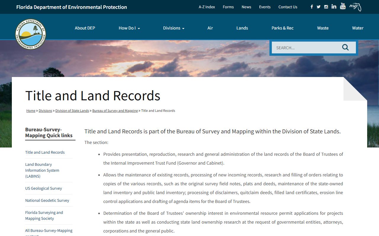 Florida Department of Environmental Protection Title and Land Records section for historical property documents